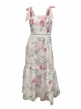 Lace Floral Midi Dress with Pink Tie Straps